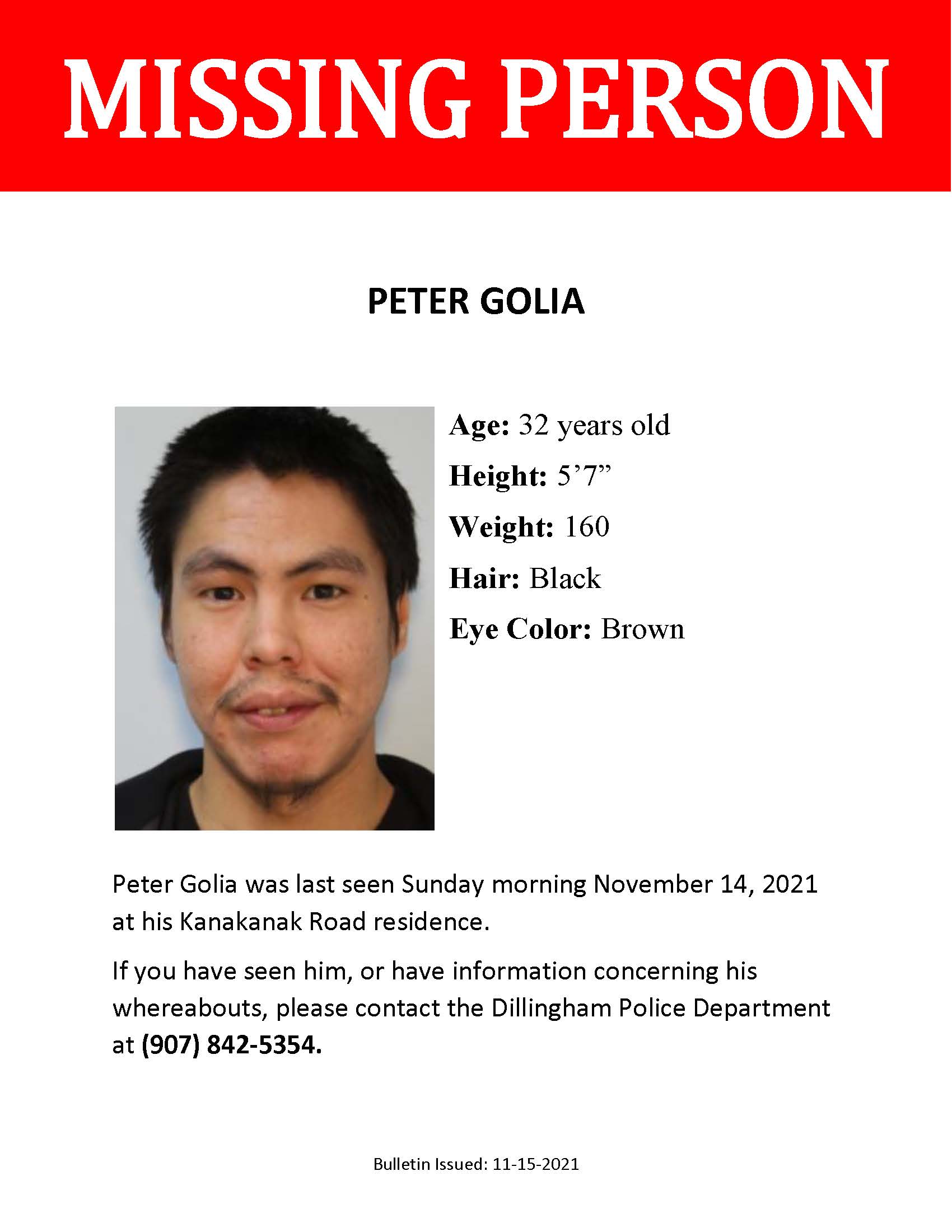 11/15/21 MISSING PERSON PETER GOLIA Dillingham, AK